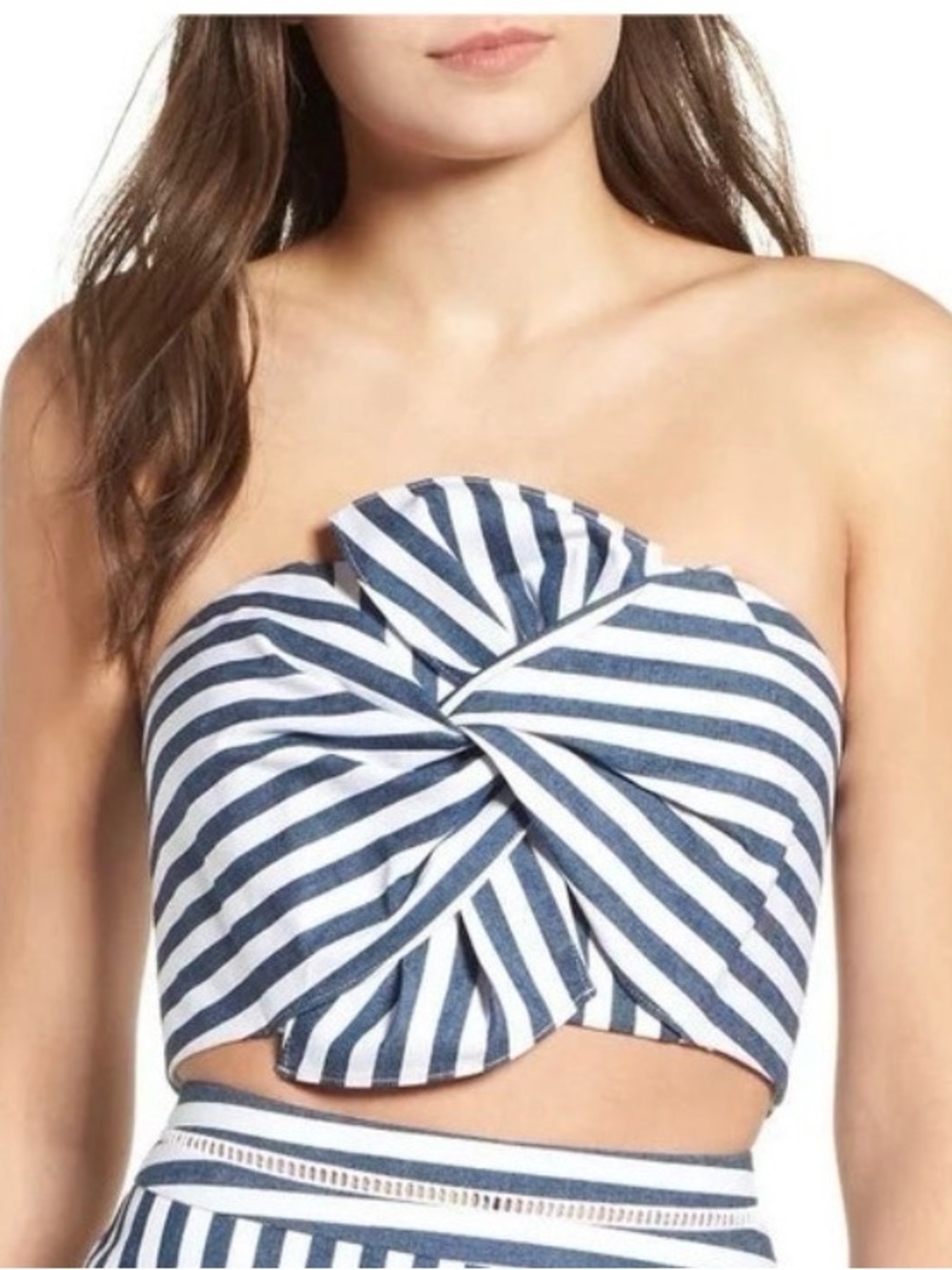 Ways Chester Striped Navy and White Twist-Front Strapless Crop Top